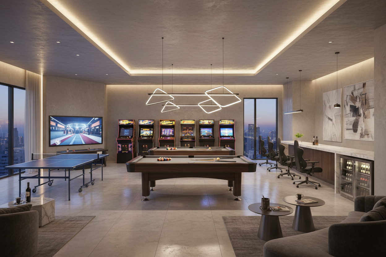 a modern room with high end pool tables, arcade games, table tennis and gaming chairs